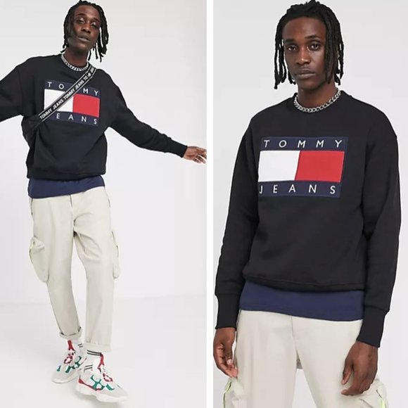 Tommy Hilfiger Tommy Jeans Sweatshirt Crewneck Flag Logo Applique Black Large - Picture 8 of 17